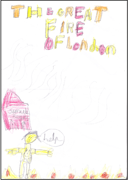 A child's drawing of Pepys fleeing his house during the Great Fire. A speech bubble from his mouth says 'help!', although he is looking quite cheery.
