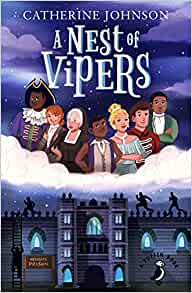 Cover of A Nest of Vipers, showing the young confidence trickster Cato Hopkins and his fellow thieves in early 18th century dress